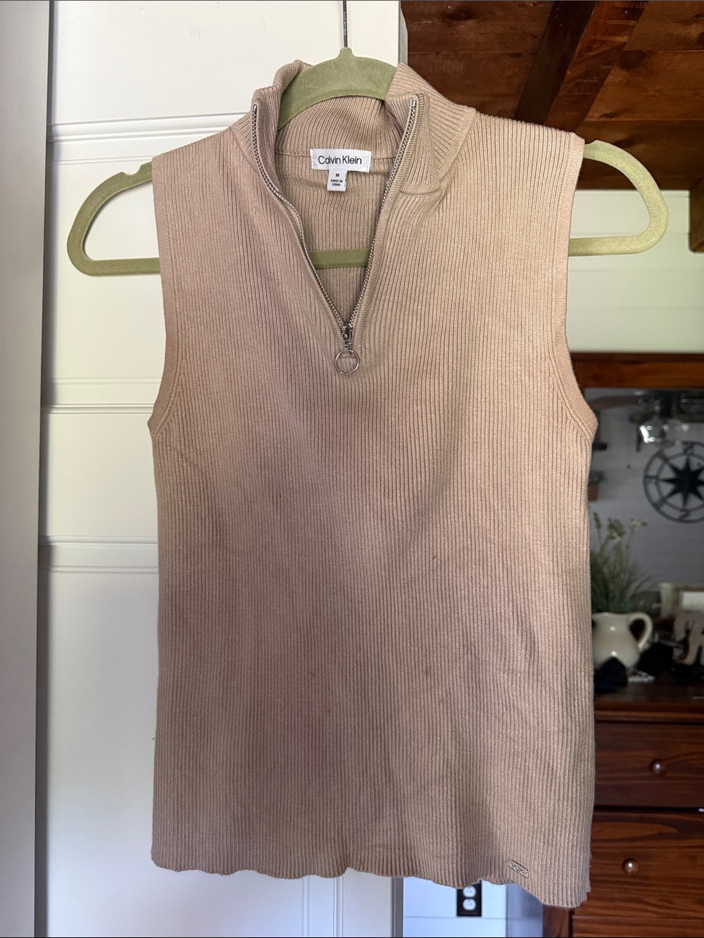 Calvin Klein Ribbed Sleeveless Zip Mock Neck Tank - Light Beige